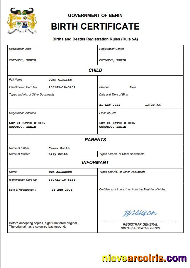 Benin birth certificate